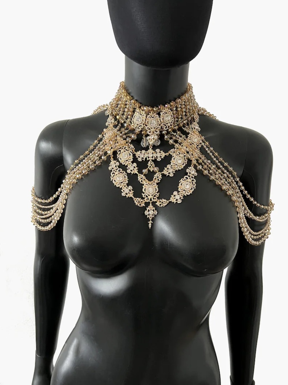 Gold Filigree Multi-Strand Crystal Statement Shoulder Necklace - Women Jewelry